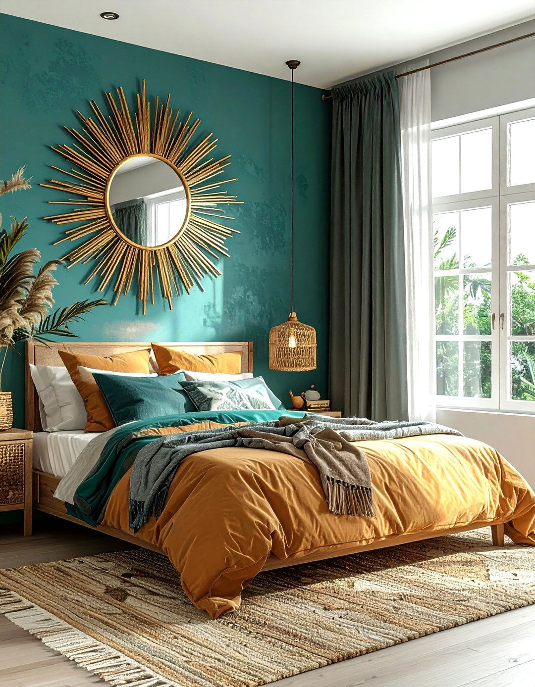 Sunburst mirror boho bedroom - 30 bohemian teal bedroom ideas