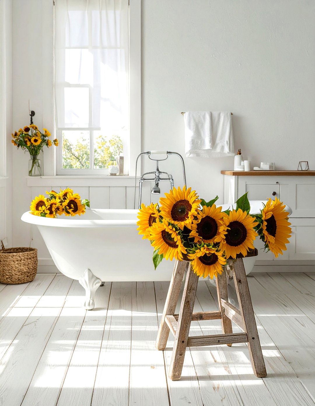 Sunflowers On Wooden Stool - 30 bathroom flower arrangement ideas