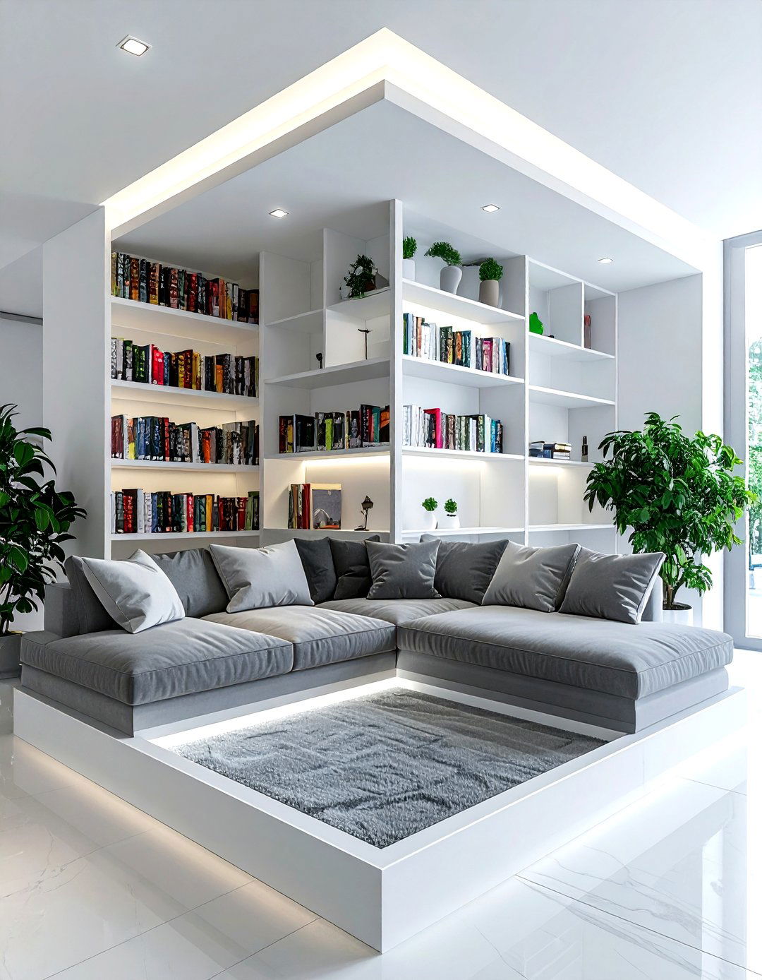 Sunken seating with built in shelves - 30 living room sunken seating ideas