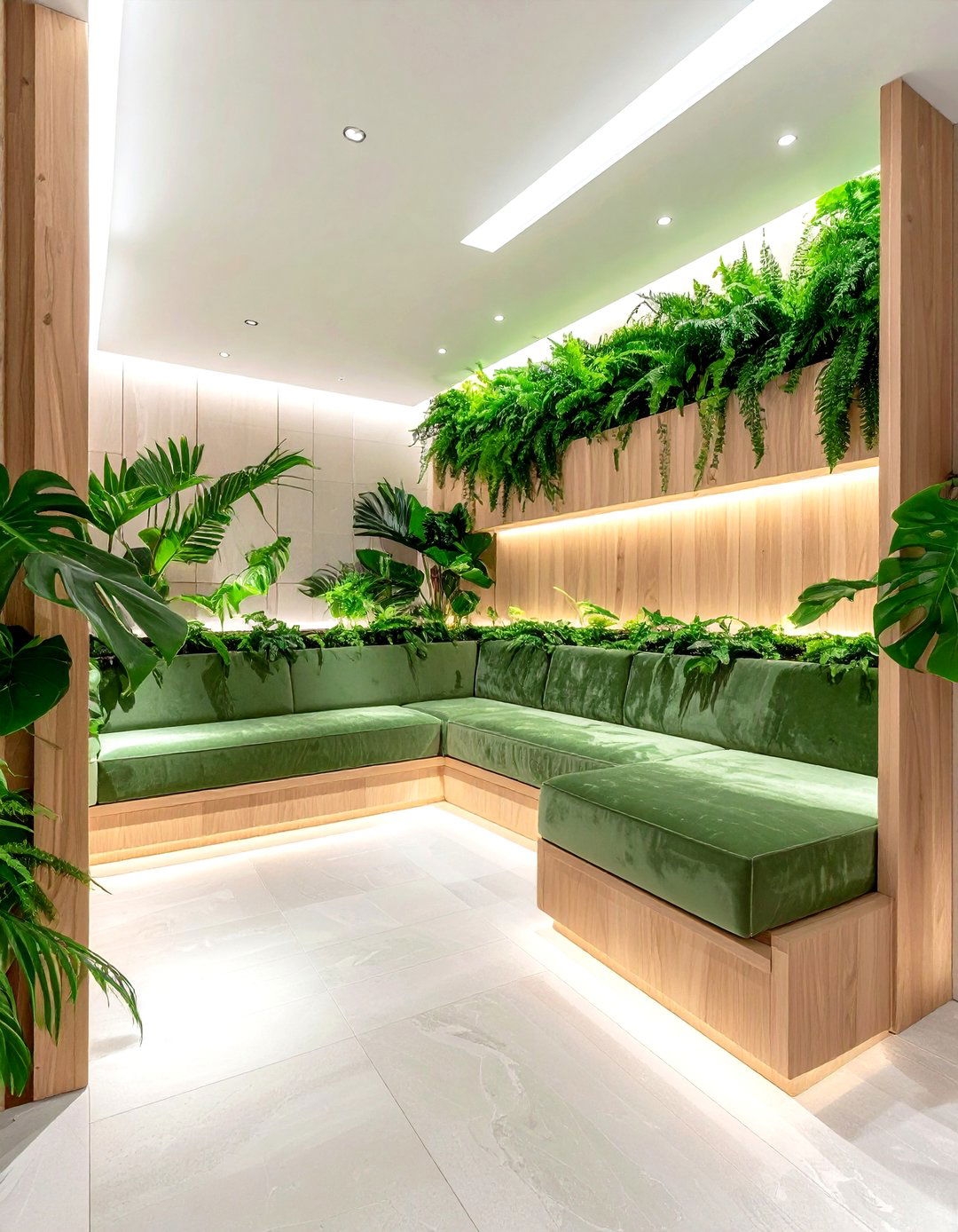 Sunken seating with green plants - 30 living room sunken seating ideas