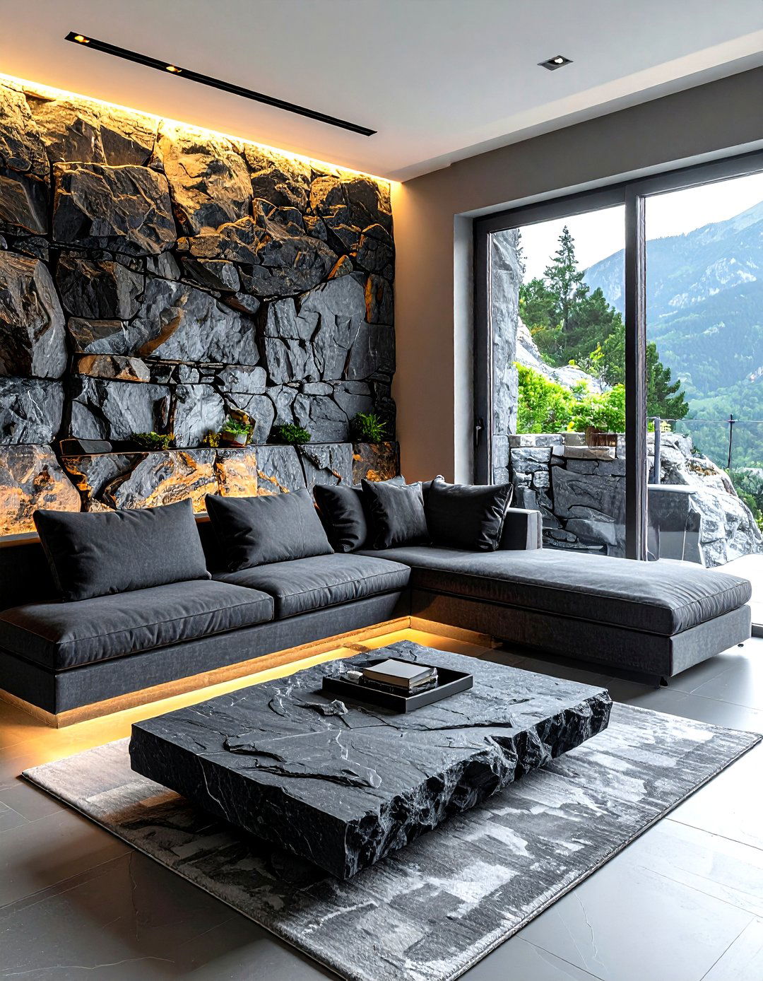Sunken seating with stone wall - 30 living room sunken seating ideas
