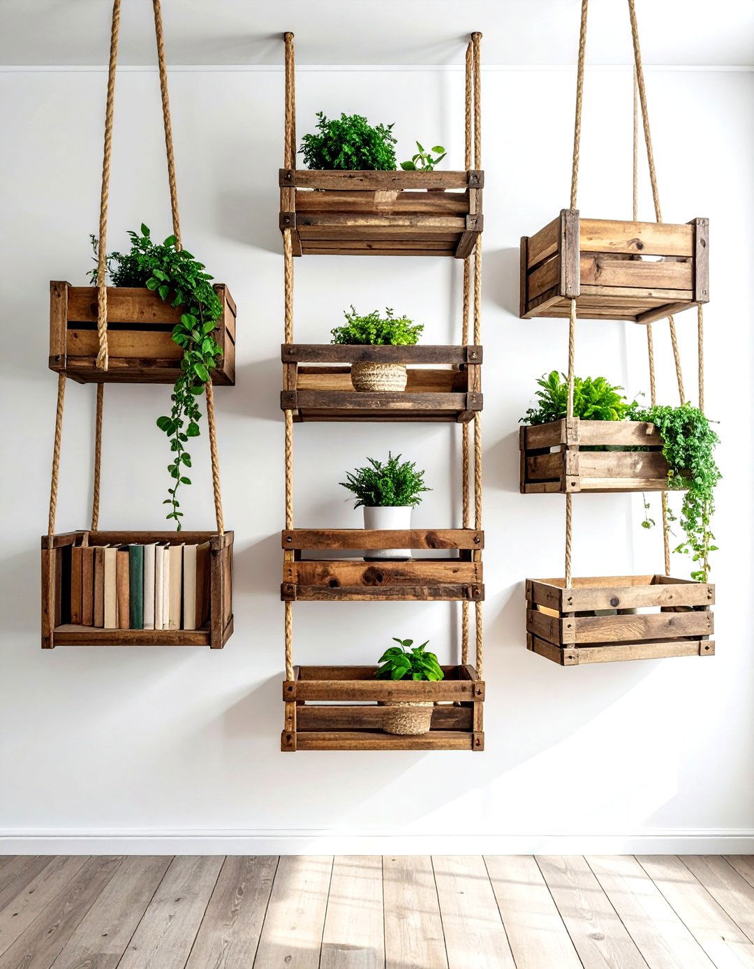 Suspended crate shelves - 30 living room overhead storage ideas