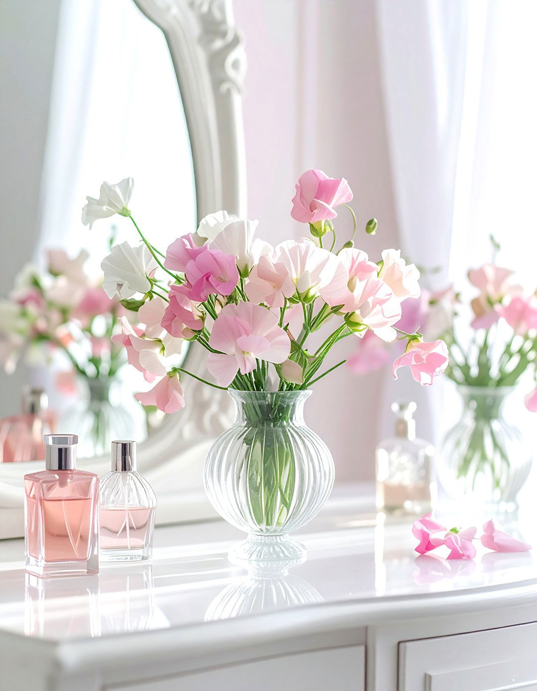 Sweet peas in delicate crystal vase - 30 vase arrangement ideas