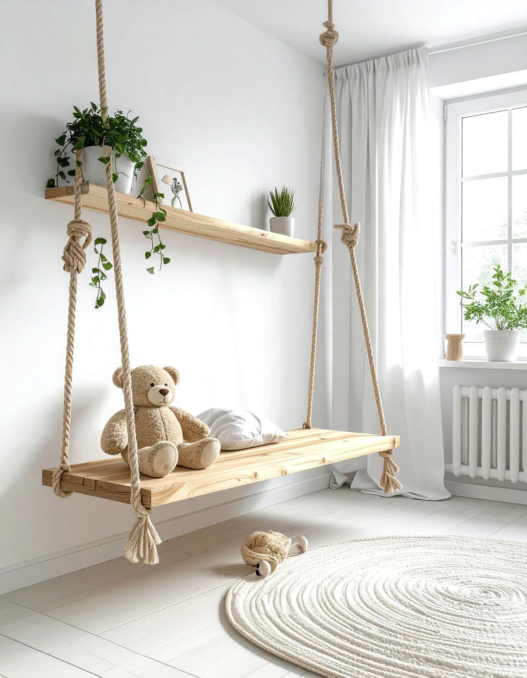 Swing rope nursery shelf - 30 nursery shelf ideas
