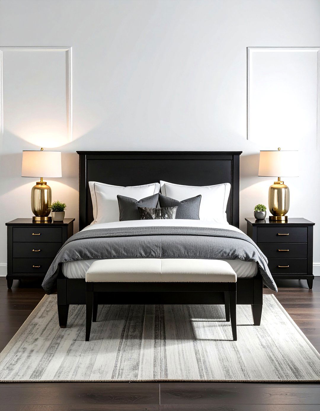 Symmetrical black nightstands bedroom - 30 traditional black bedroom ideas