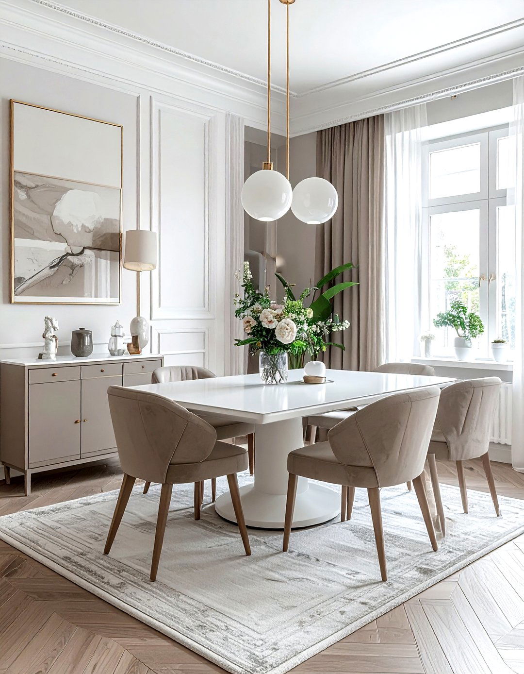 Symmetrical taupe and white dining room - 30 taupe and white dining room ideas