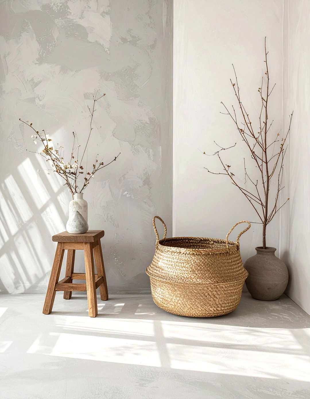 Tadelakt Wall With Woven Basket - 30 mixed texture decor ideas