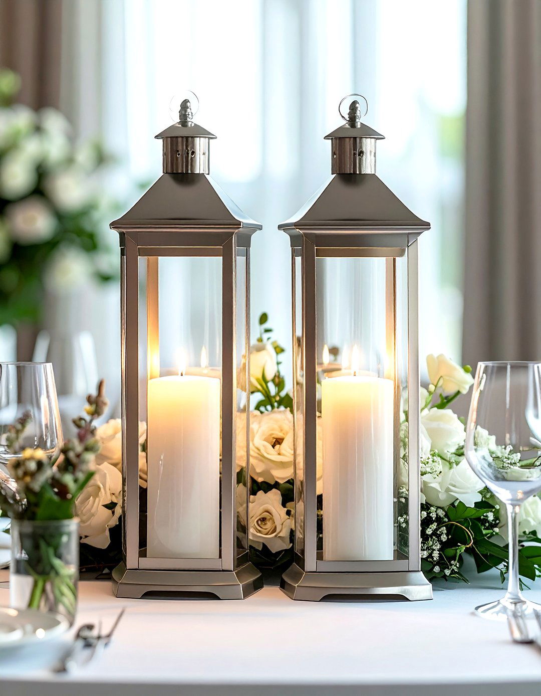 Tall Slender Metal Lanterns - 30 lantern centerpiece dining ideas