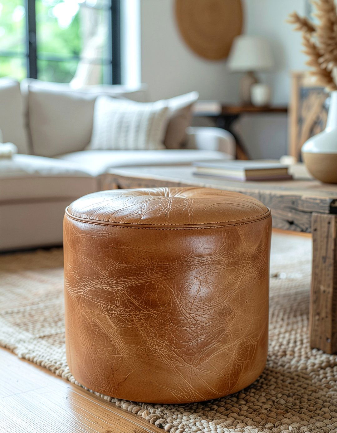 Tan Leather Pouf - 30 living room floor cushion ideas
