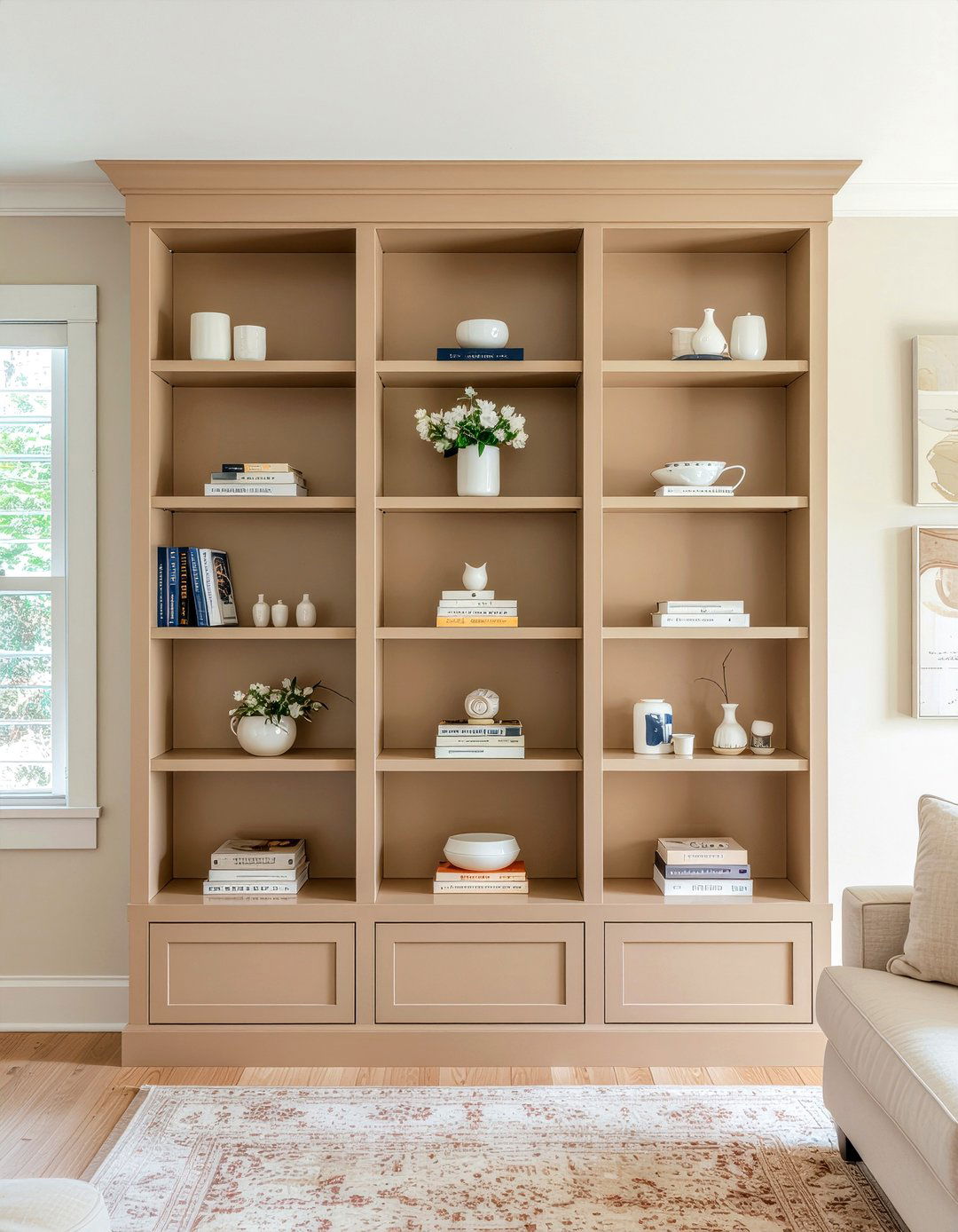 Tan built in bookshelves - 30 tan living room ideas
