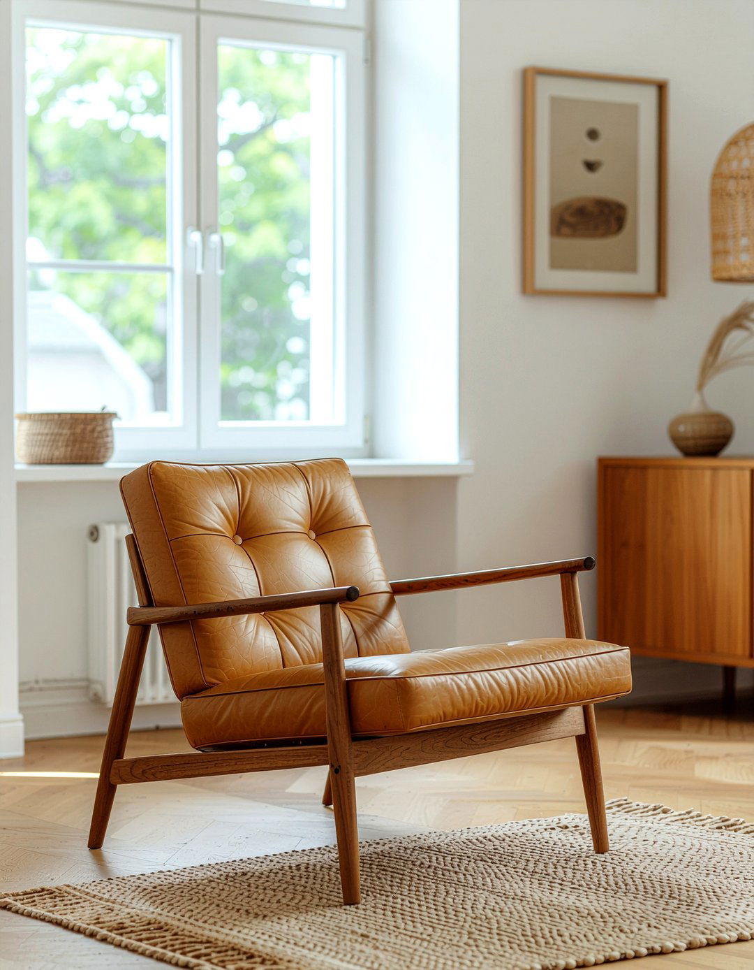 Tan leather accent chair - 30 Scandinavian minimalist living room ideas