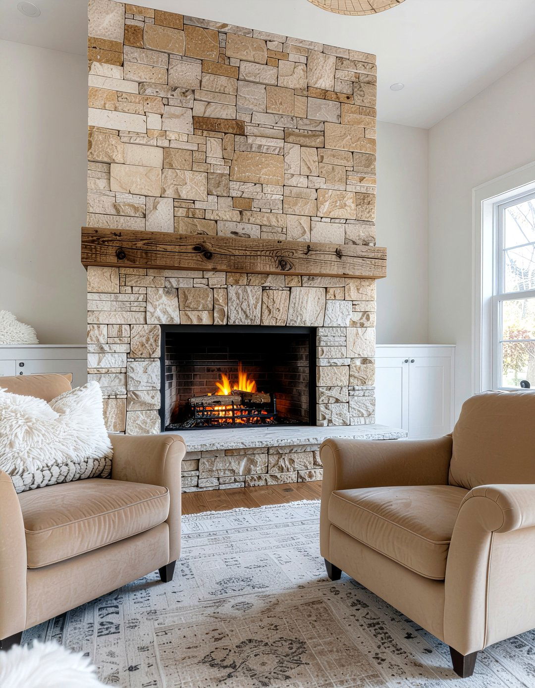 Tan stone fireplace - 30 tan living room ideas