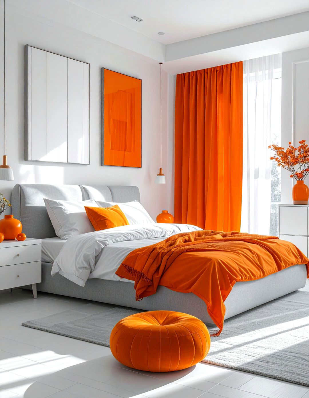 Tangerine curtains bedroom - 30 orange and white bedroom ideas