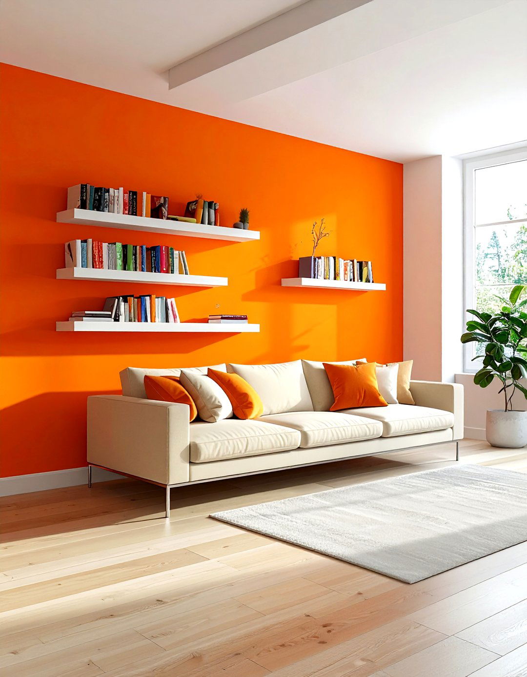 Tangerine orange accent wall - 30 bright orange living room ideas