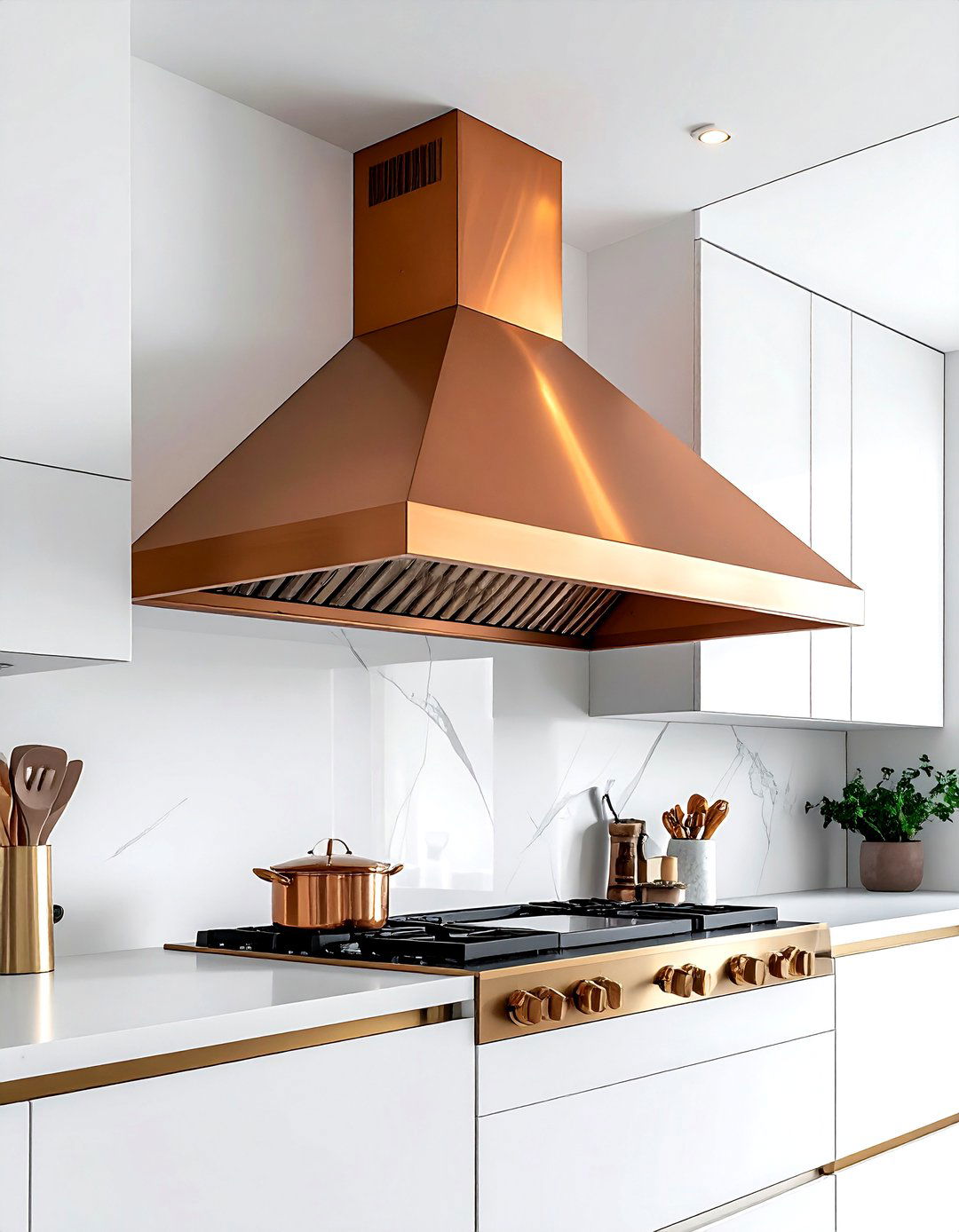 Tapered Copper Vent Hood - 30 copper hood kitchen ideas