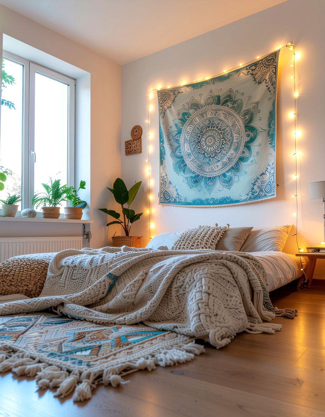 Tapestry with fairy lights - 30 bedroom fairy lights ideas