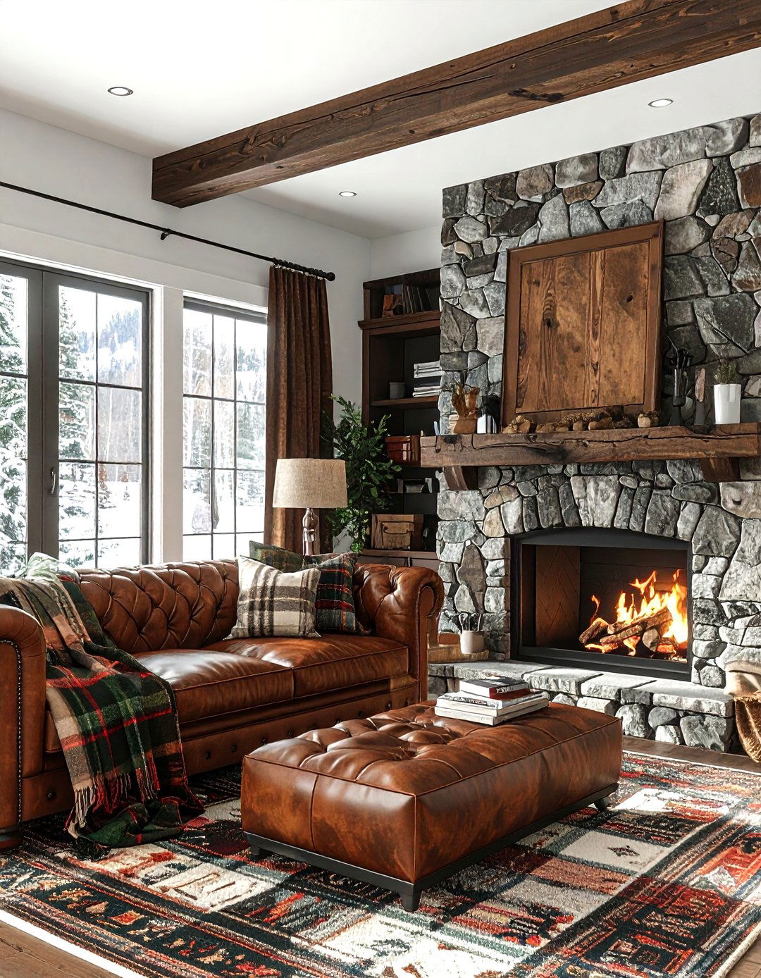 Tartan and leather living room - 30 living room pattern mixing ideas