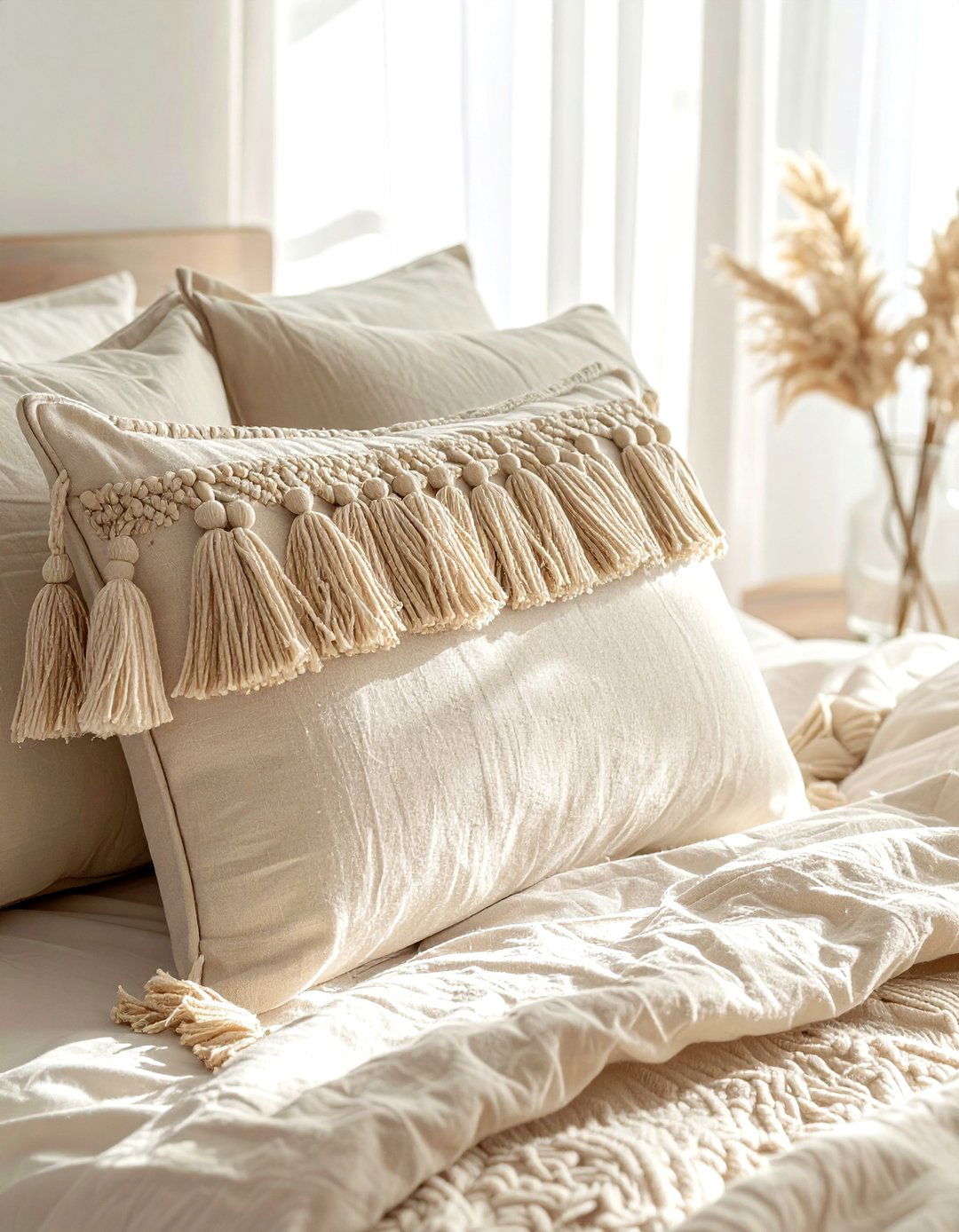 Tassel Throw Pillow - 30 bohemian beige bedroom ideas