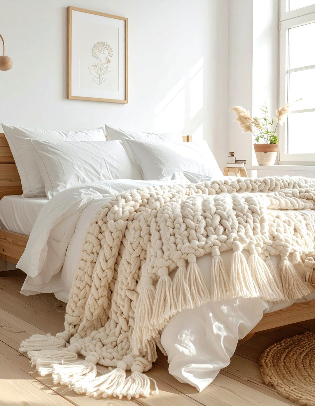 Tasseled cream blanket - 30 bohemian cream bedroom ideas