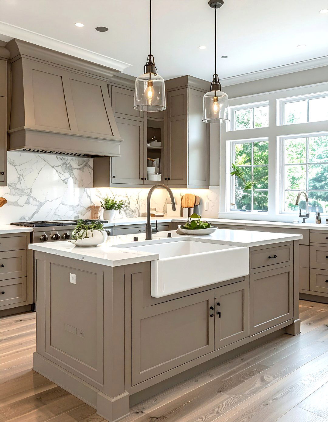 Taupe Kitchen With White Farmhouse Sink - 30 taupe and white kitchen ideas