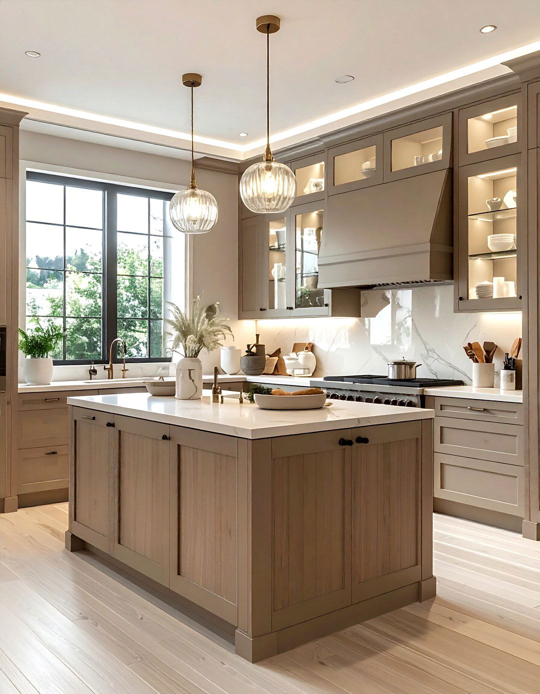 Taupe kitchen with glass cabinets - 30 taupe kitchen ideas