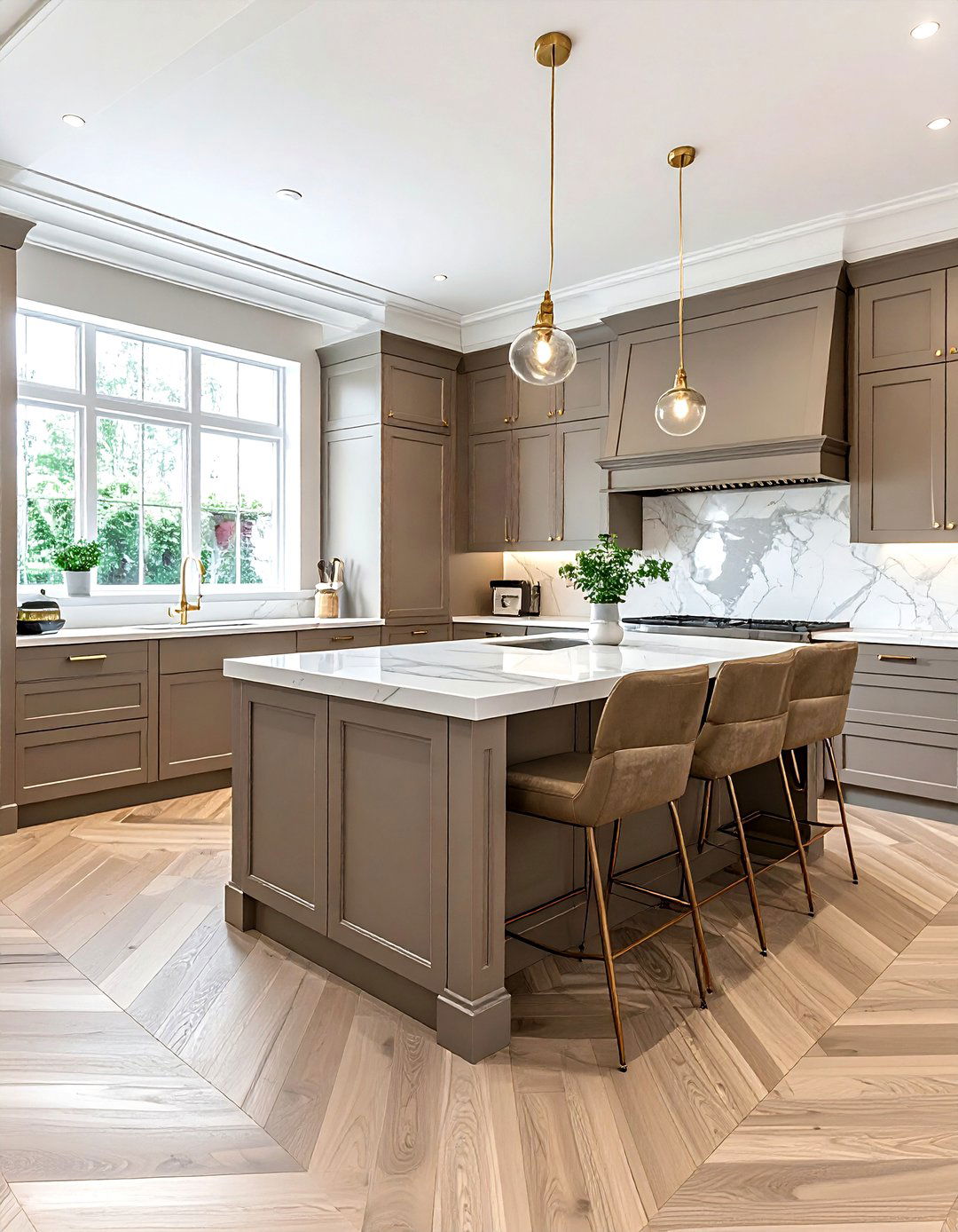 Taupe kitchen with herringbone floor - 30 taupe kitchen ideas