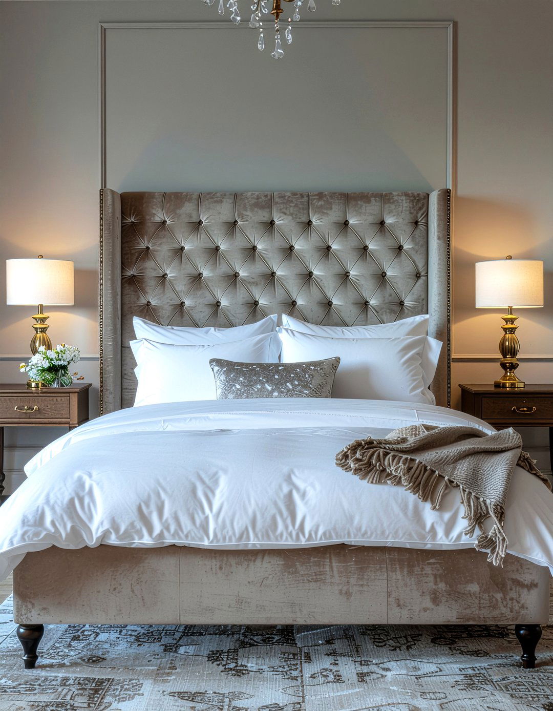 Taupe velvet headboard - 30 taupe bedroom ideas