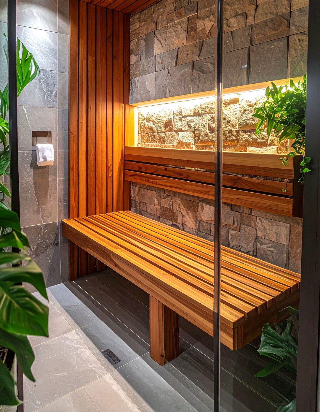 Teak Shower Bench - 30 bungalow bathroom ideas
