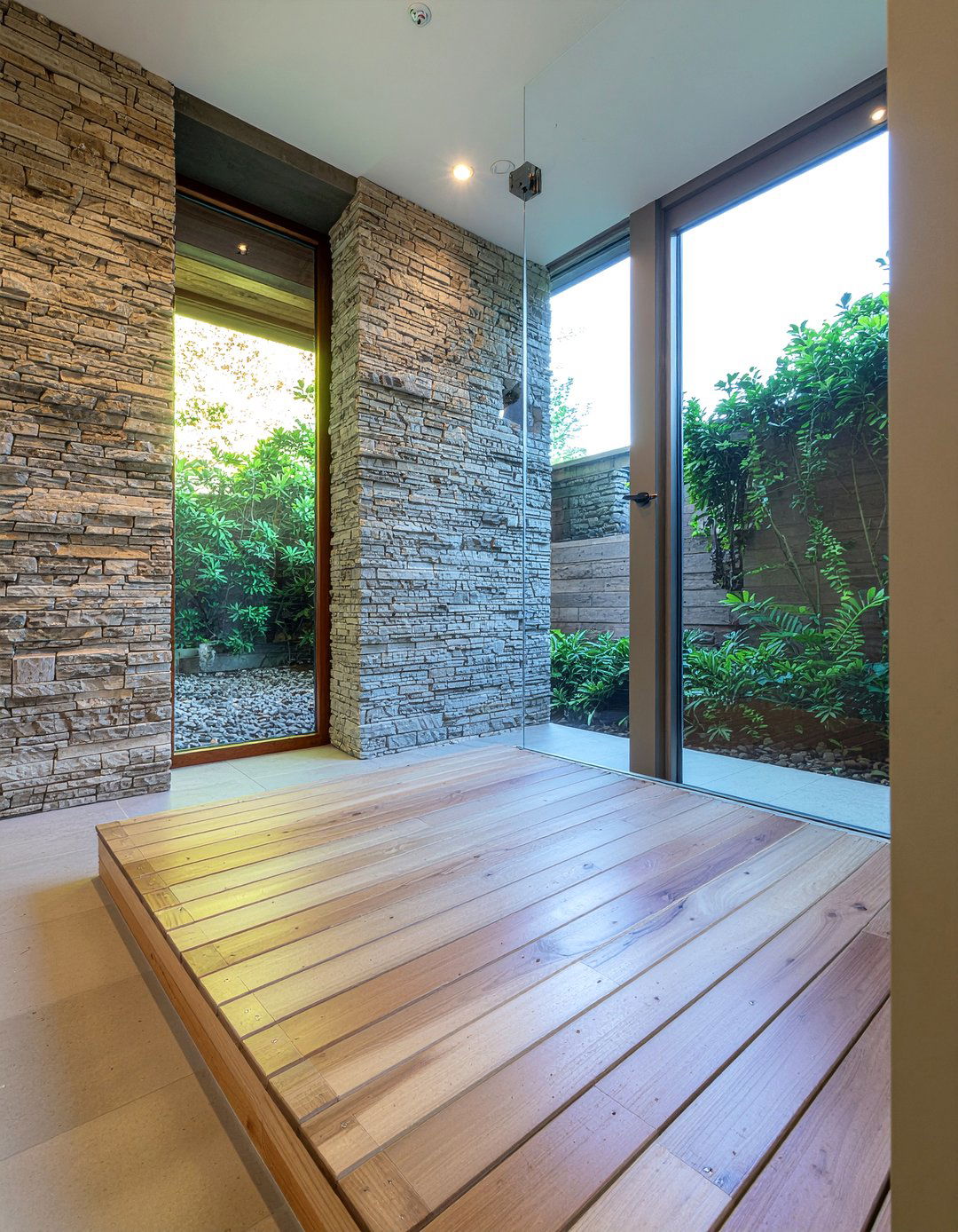 Teak Shower Floor - 30 recycled material bathroom ideas