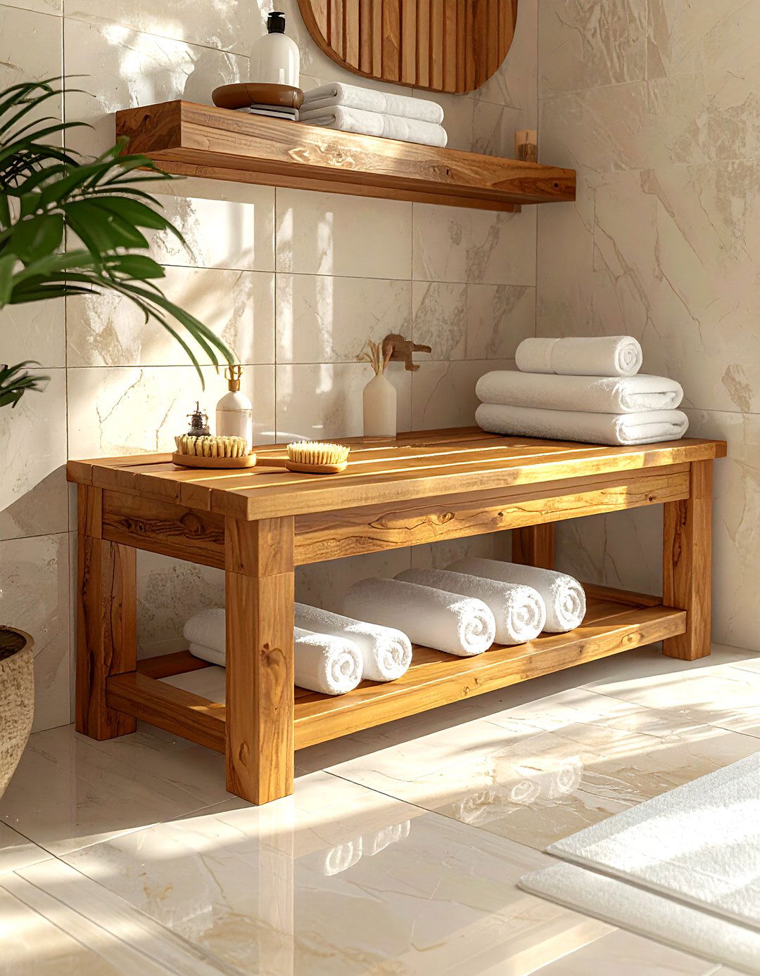 Teak Wood Bench - 30 bathroom shelving ideas