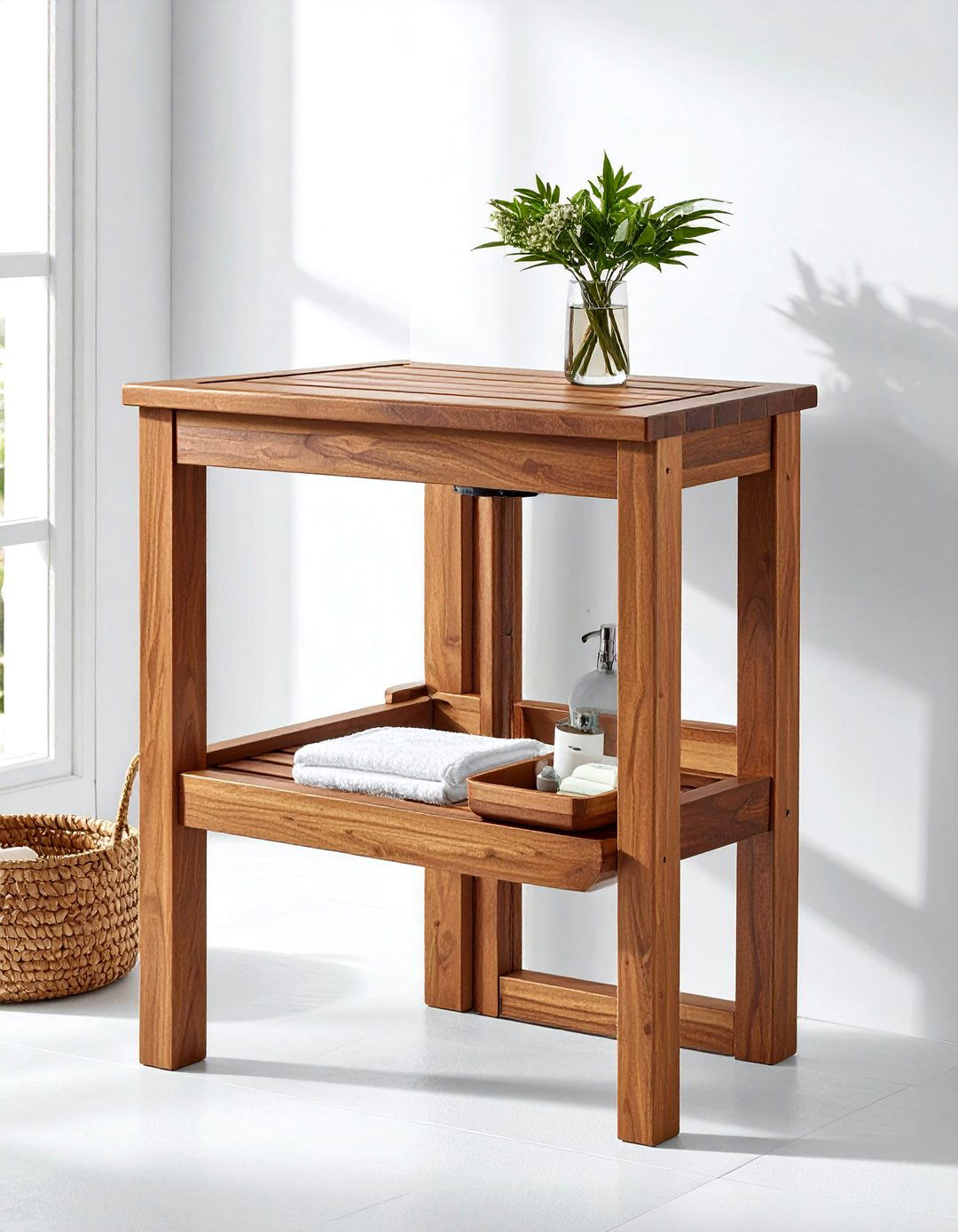Teak Wood Corner Shower Stool - 30 bathroom corner shelving ideas