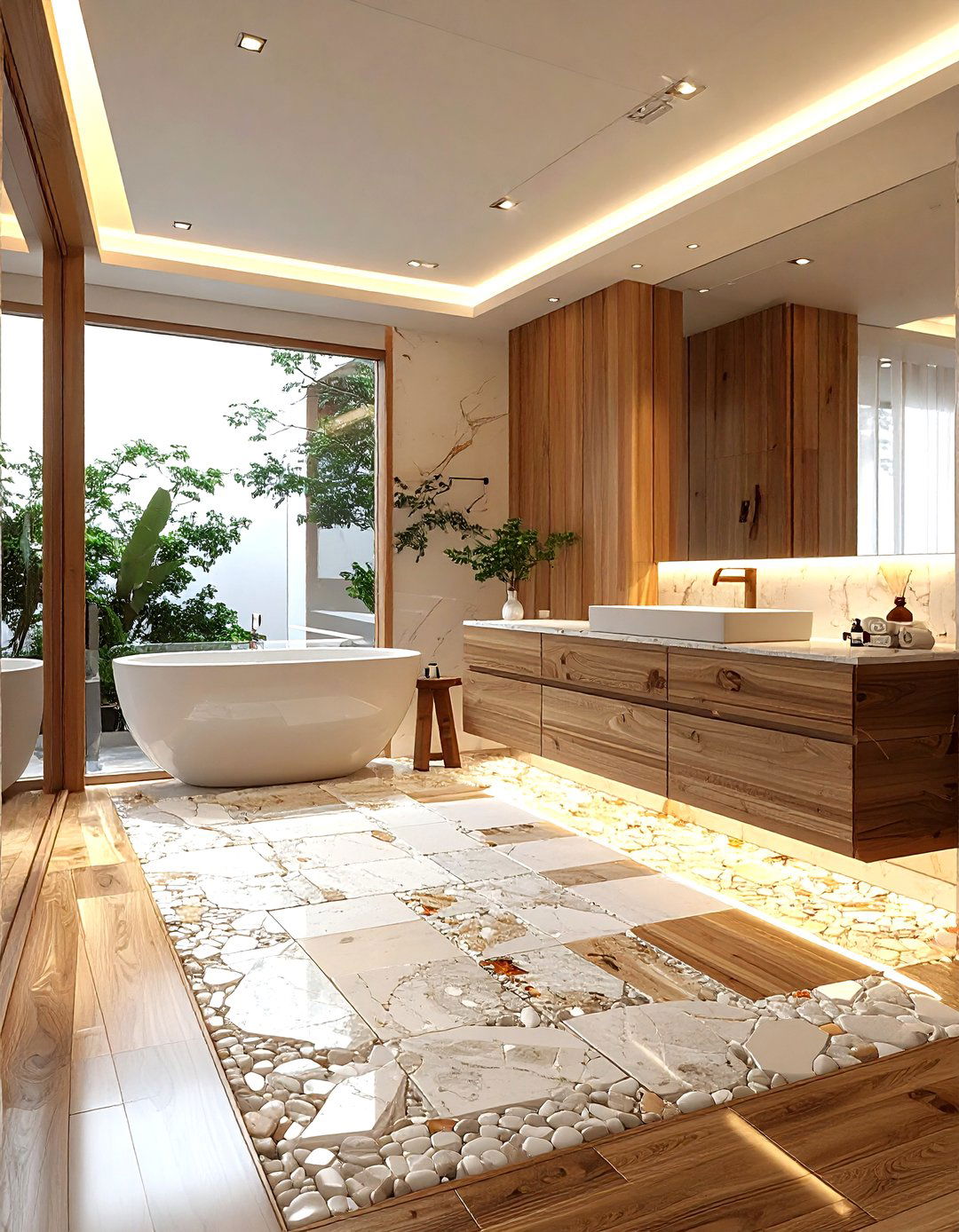 Teak and stone mosaic floor - 30 stone mosaic bathroom ideas