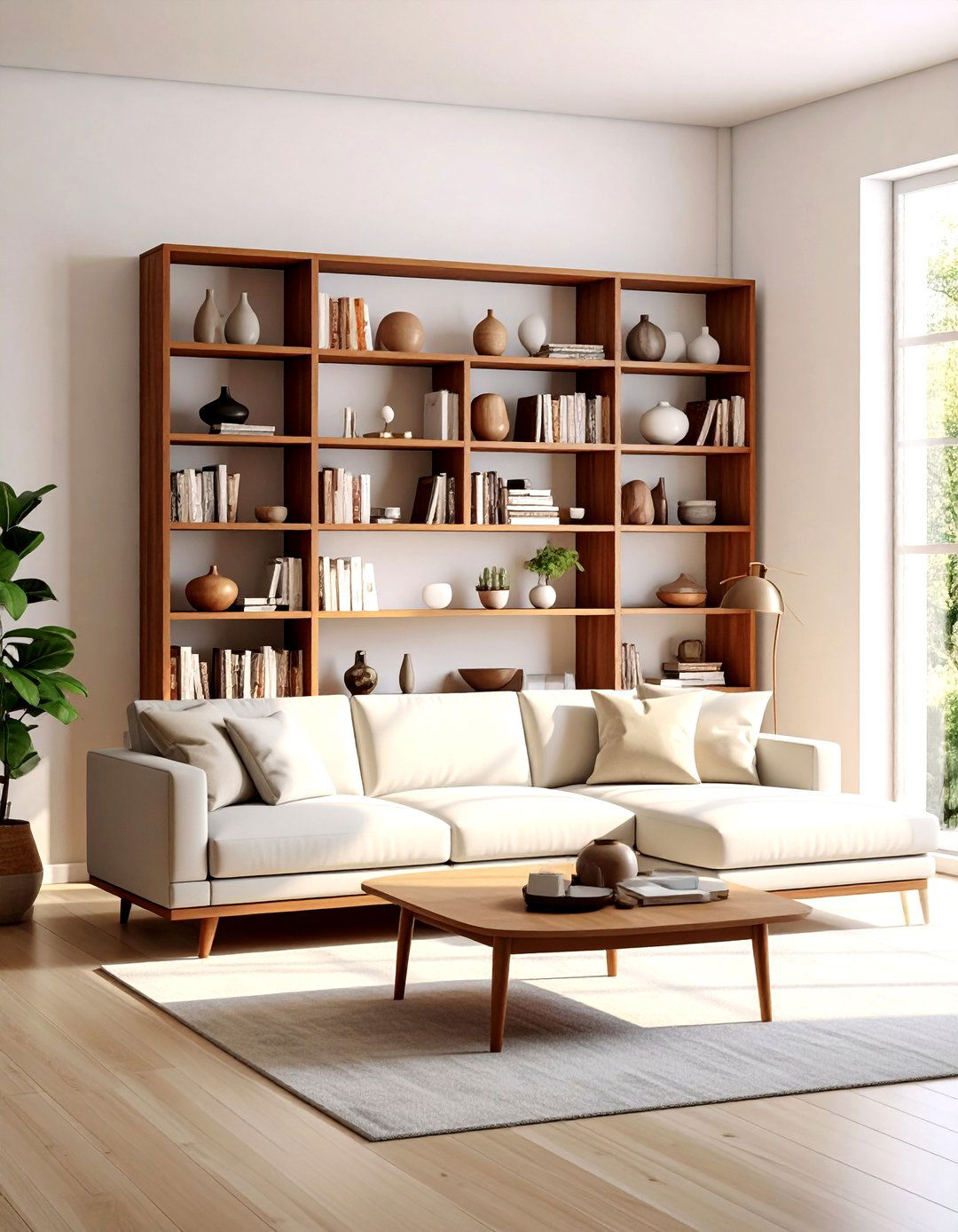 Teak bookshelf living room - 30 living room mid-century furniture ideas