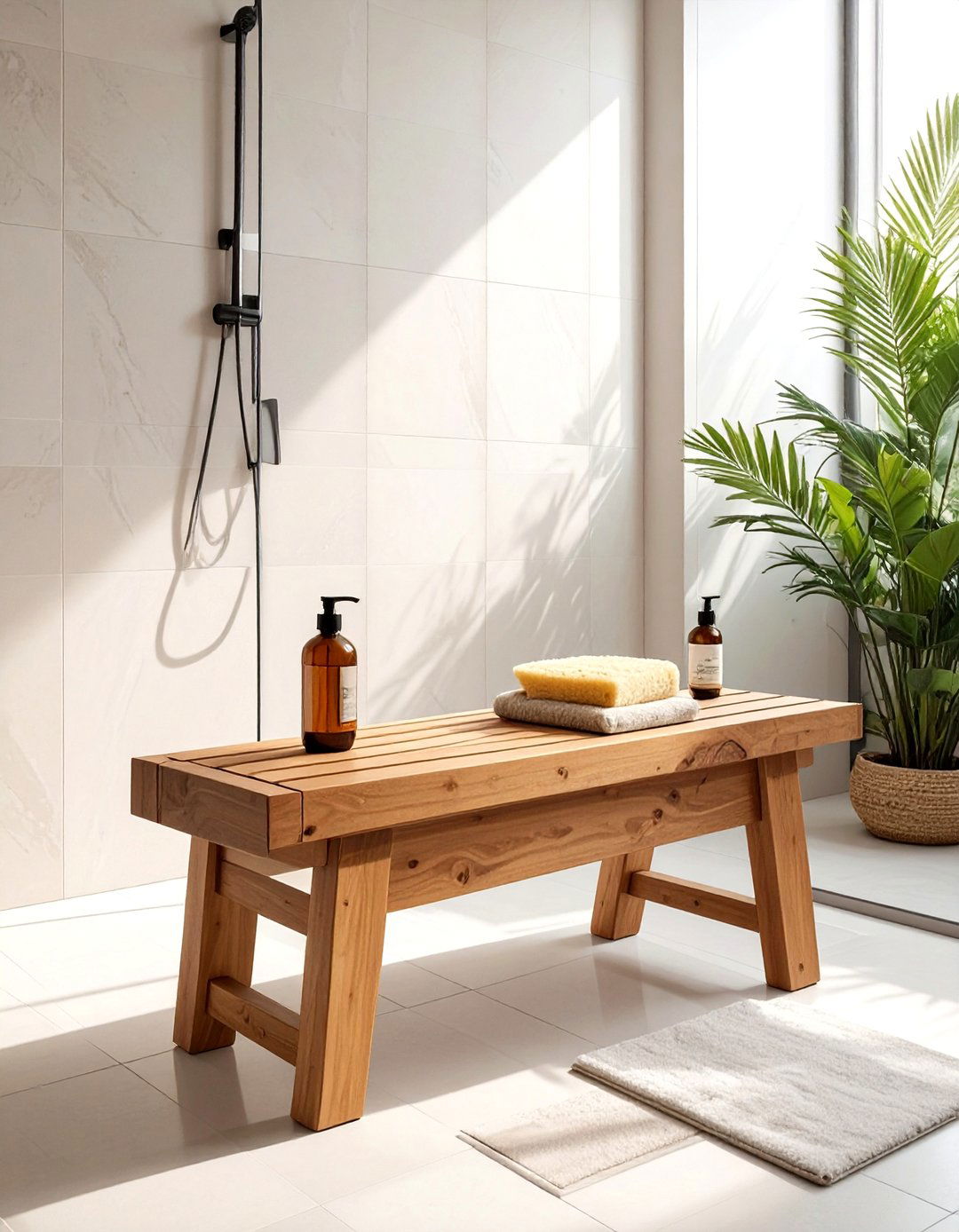 Teak shower bench - 30 bathroom wellness ideas