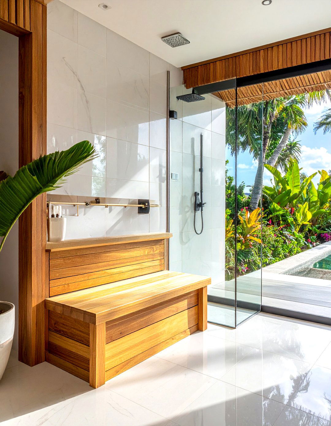 Teak shower bench - 30 beach house bathroom ideas