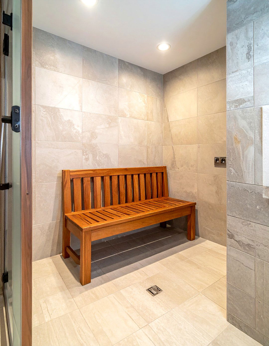 Teak shower bench - 30 coastal bathroom ideas
