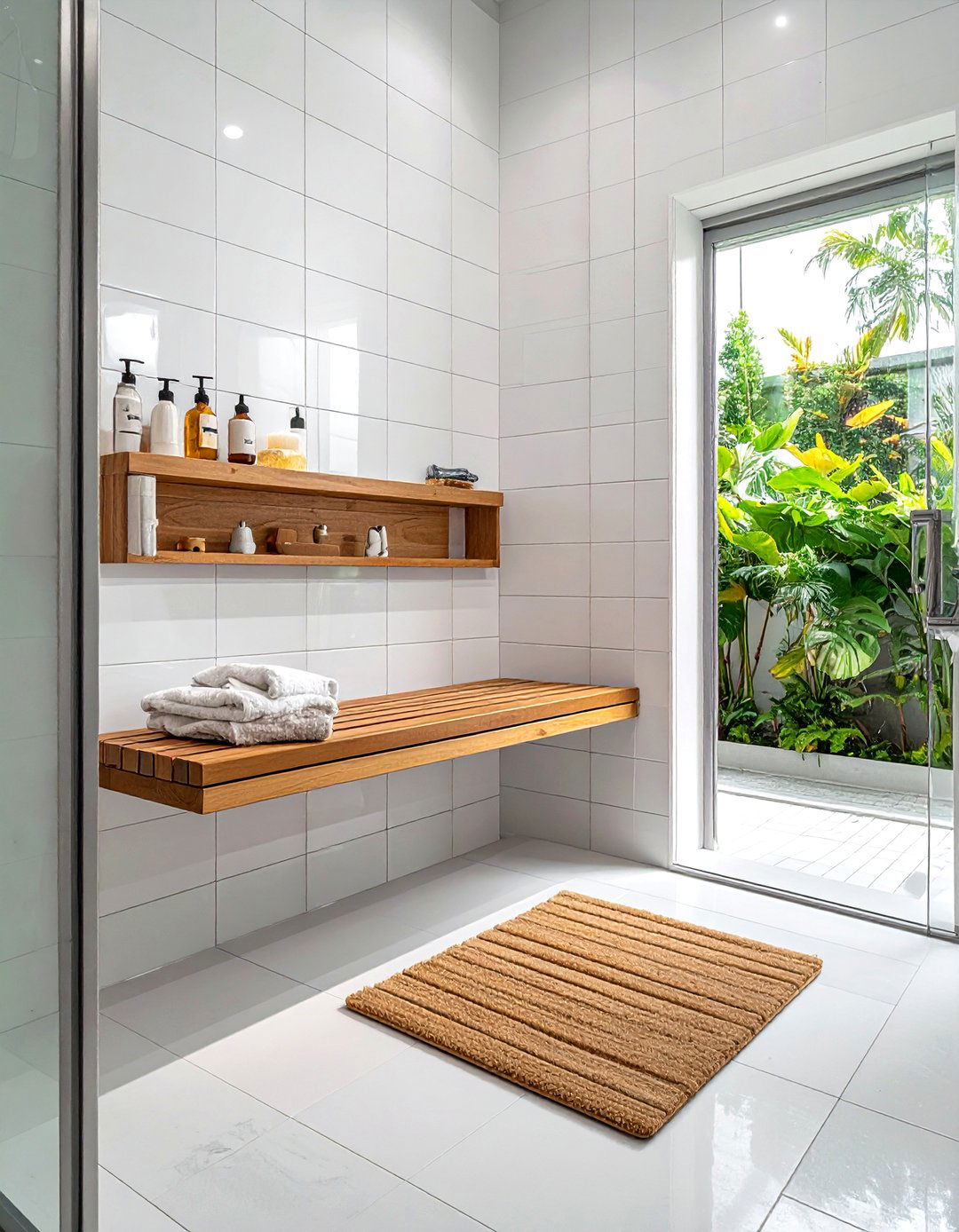 Teak shower bench white bathroom - 30 white and wood bathroom ideas