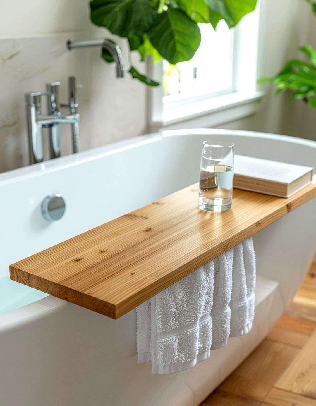 Teak wood bath caddy - 30 bathroom shelving unit ideas