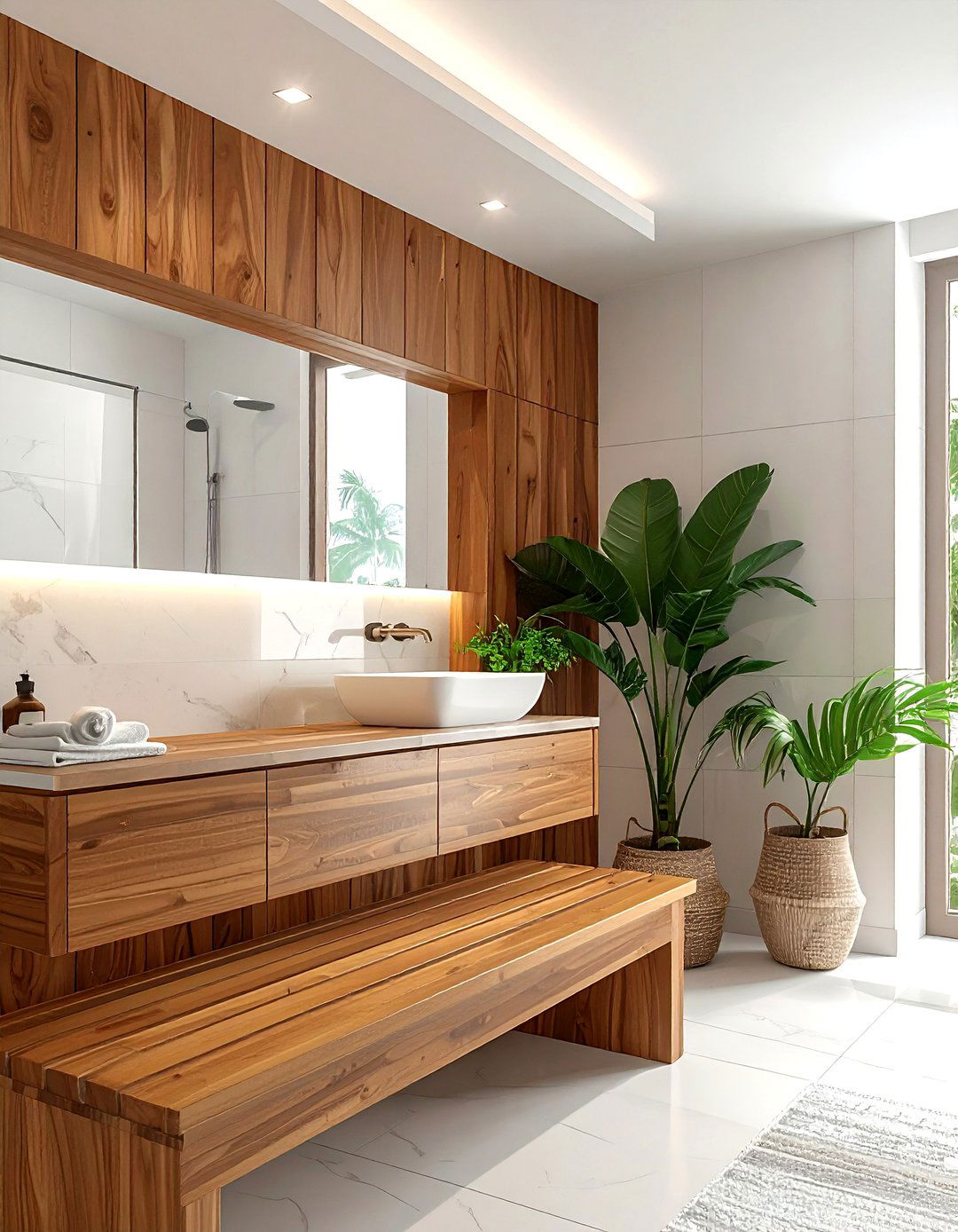 Teak wood bathroom furniture - 30 brown and white bathroom ideas