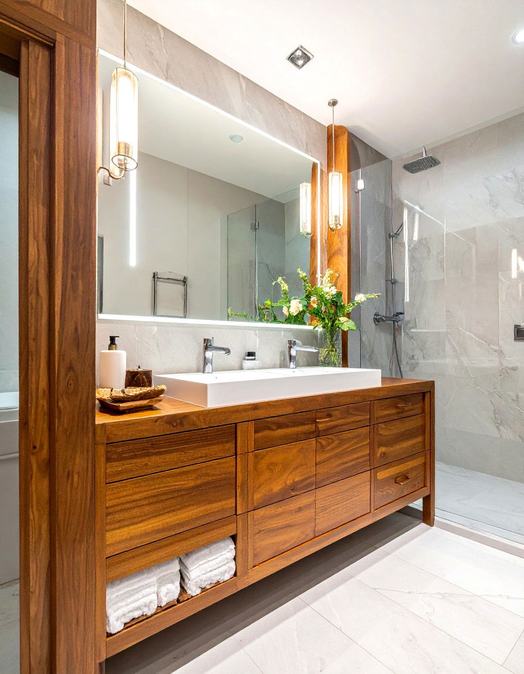 Teak wood bathroom vanity - 30 butcher block bathroom countertop ideas