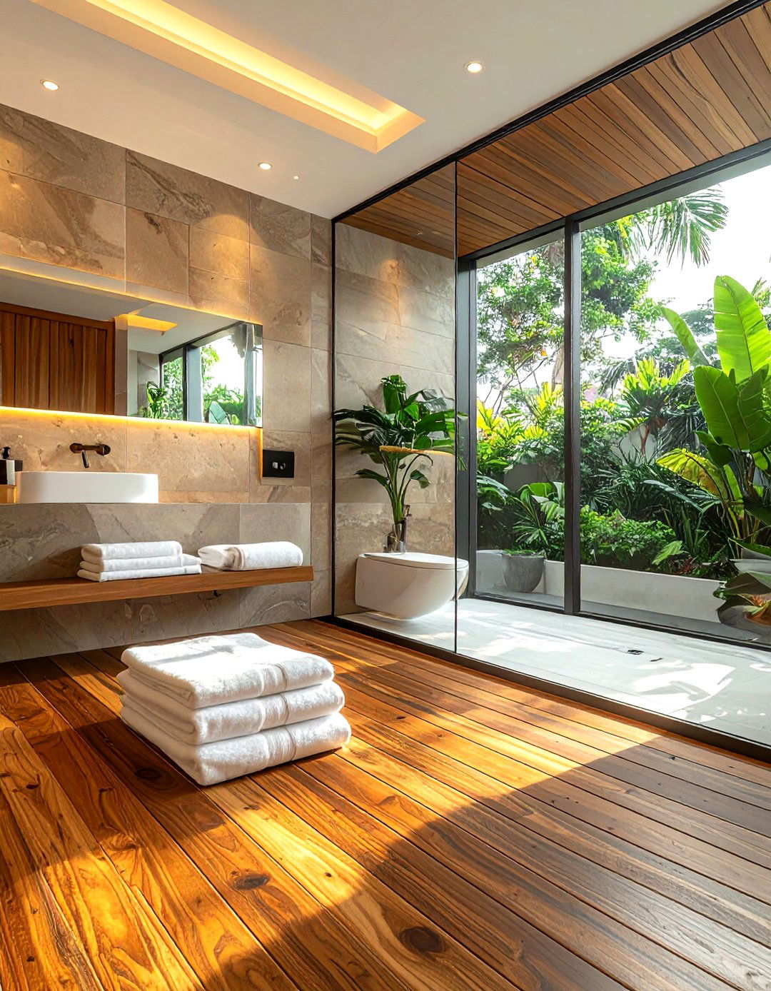 Teak wood floor - 30 non-slip bathroom floor ideas