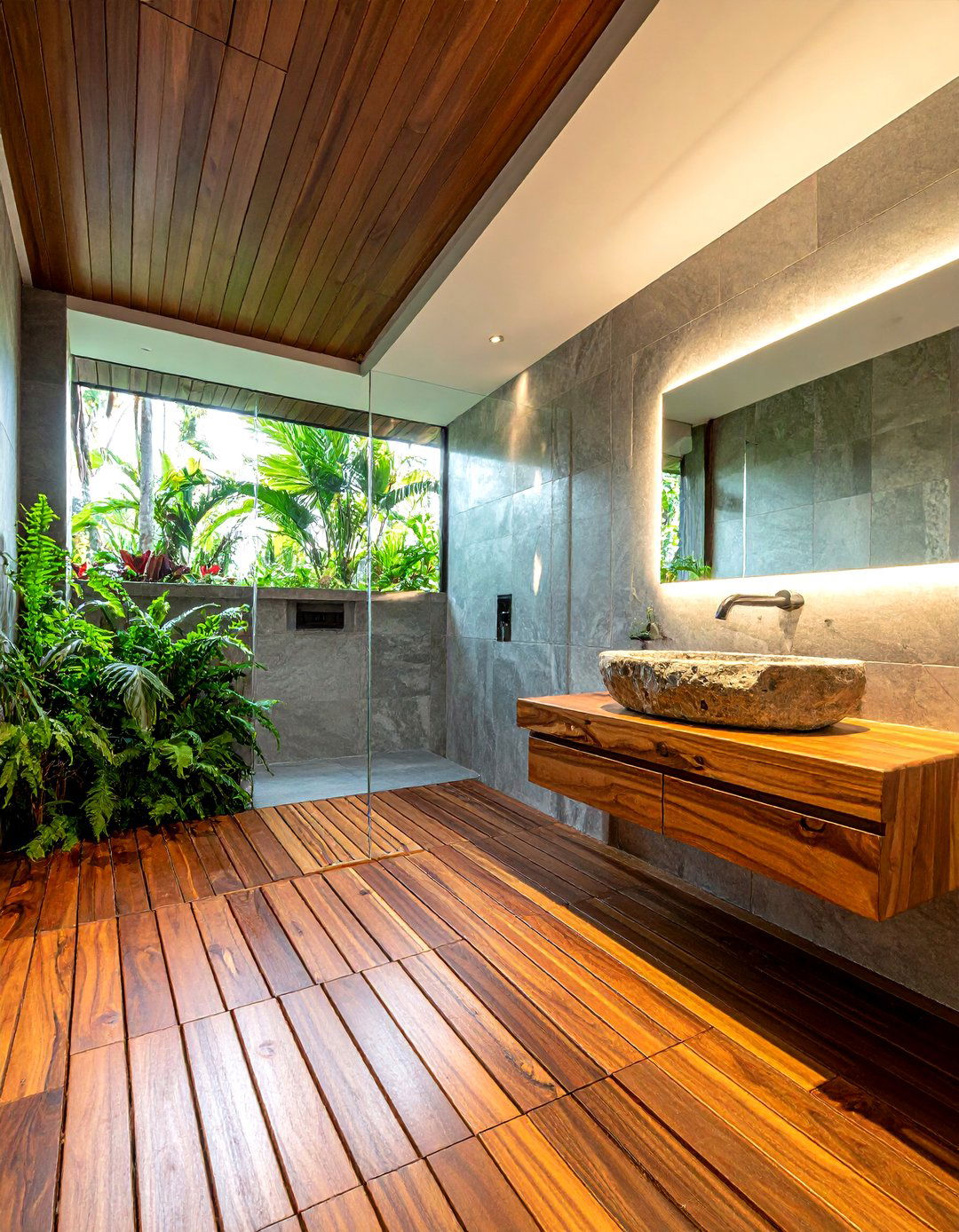 Teak wood floor - 30 bathroom wood floor ideas
