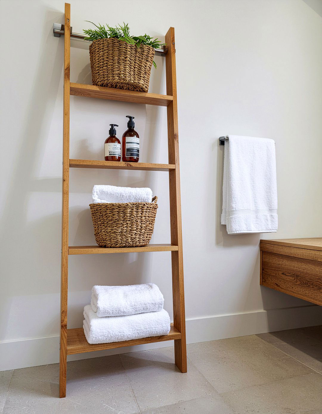 Teak wood ladder shelf - 30 bathroom ladder shelf ideas