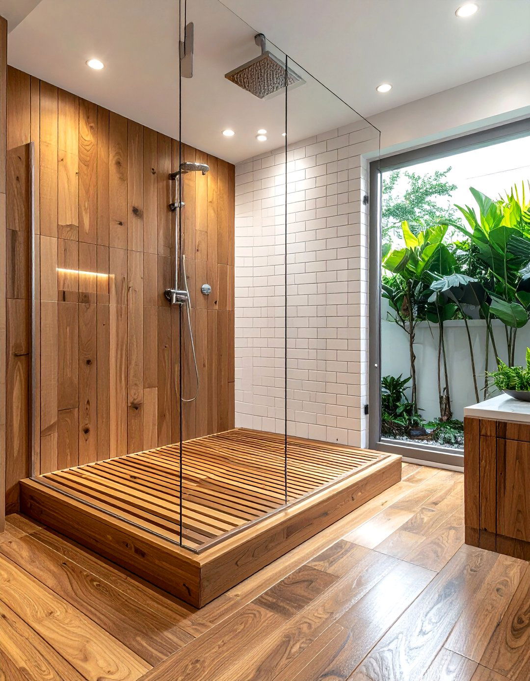 Teak wood shower floor - 30 zen bathroom ideas
