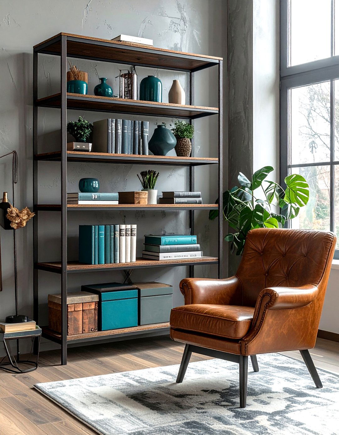Teal Accents Industrial Bookshelf - 30 industrial teal living room ideas