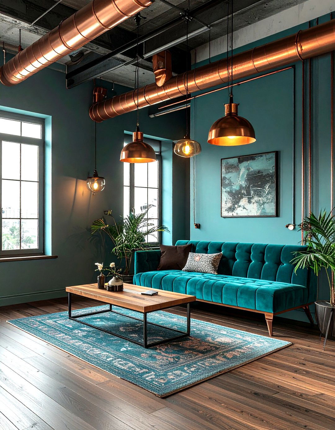 Teal And Copper Industrial Style - 30 industrial teal living room ideas