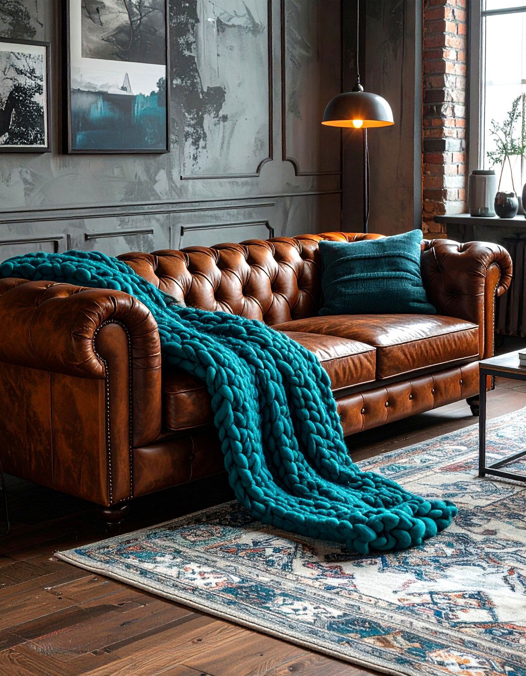 Teal Blanket Industrial Leather Couch - 30 industrial teal living room ideas