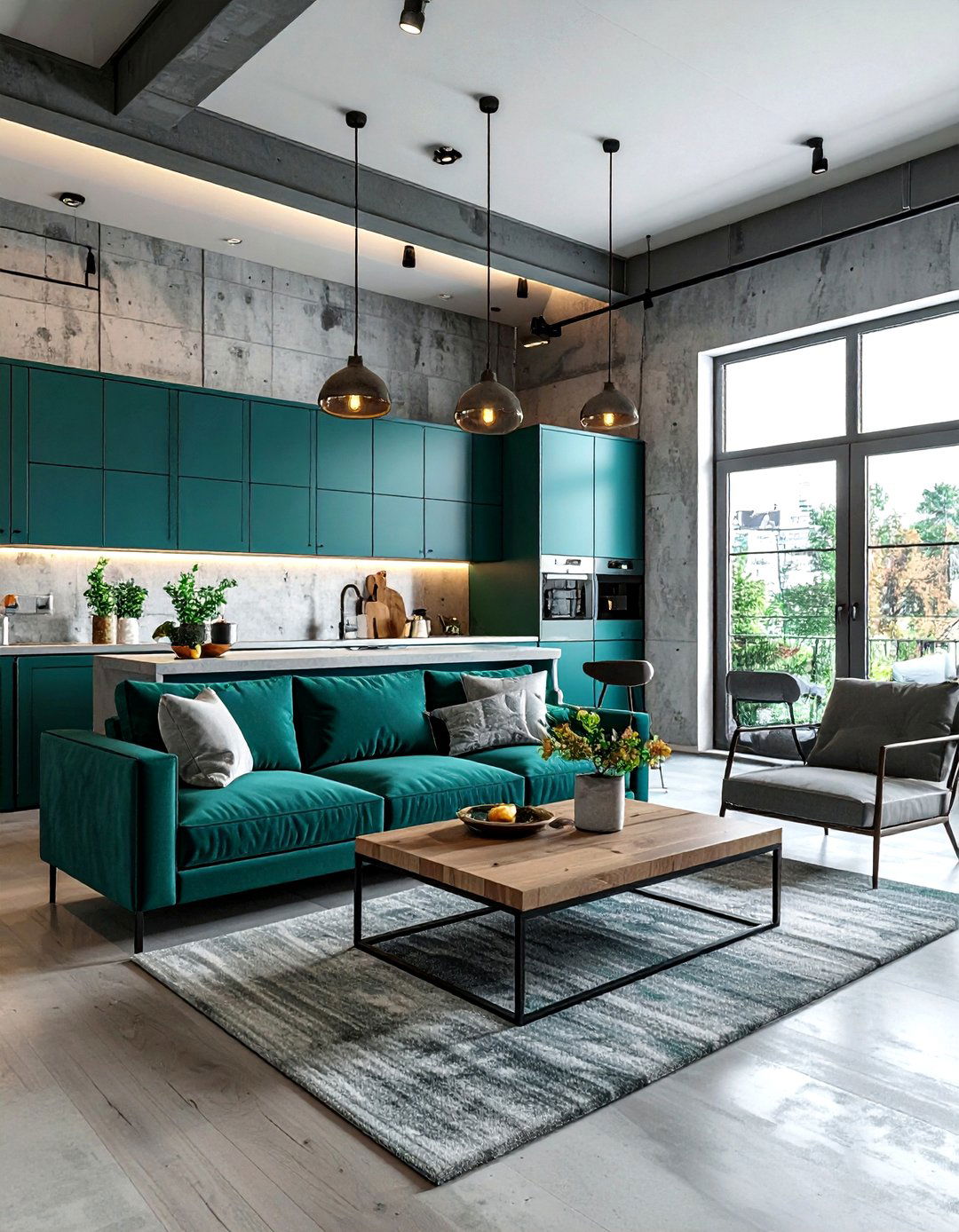 Teal Cabinetry Industrial Living Area - 30 industrial teal living room ideas