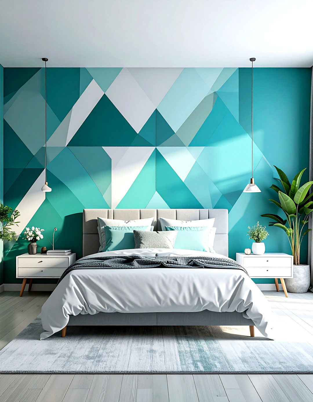 Teal Geometric Wall - 30 modern teal bedroom ideas