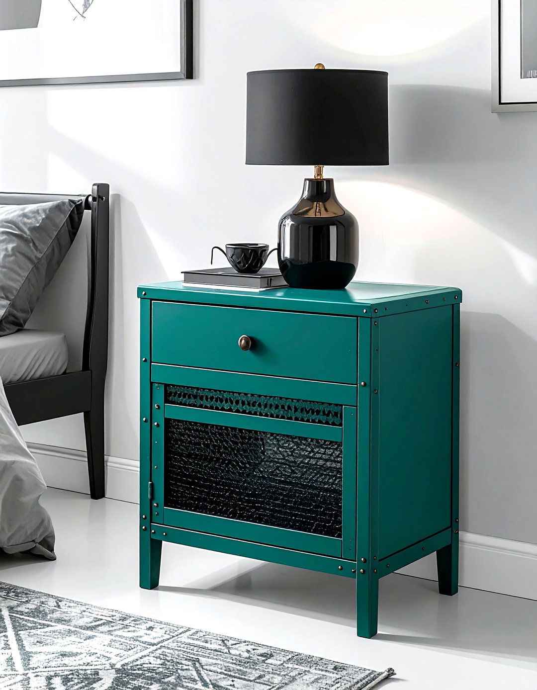 Teal Green Metal Nightstand - 30 industrial green bedroom ideas